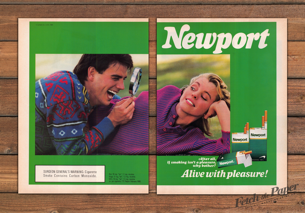 Newport Alive With Pleasure Couple Magnifying Glass Print Ad 1988 1980s (2pgs)