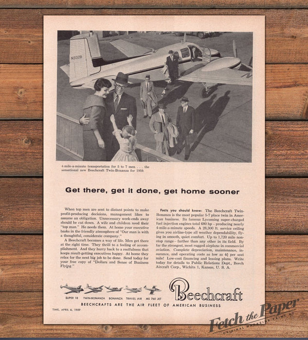 Beechcraft Twin-Bonanza Get There Get Home Sooner Plane Print Ad 1959 1950s