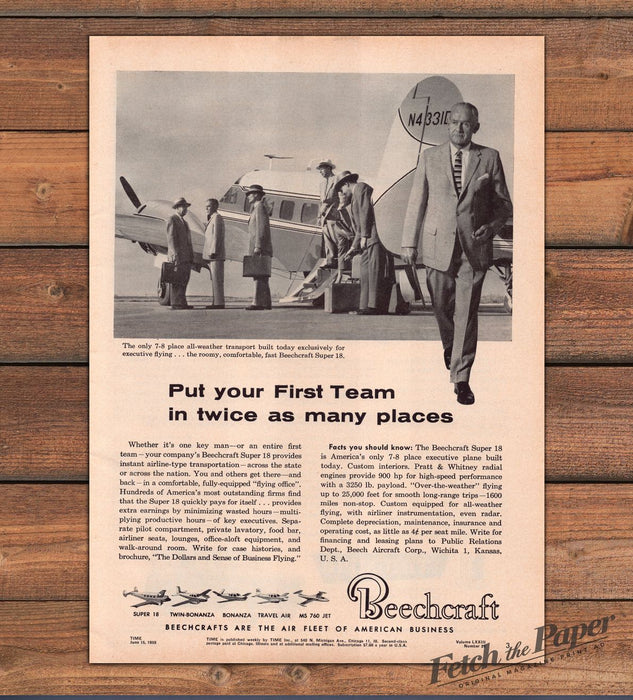 Beechcraft Super 18 Executive Plane First Team Businessmen Print Ad 1959 1950s