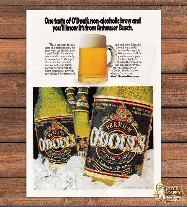 O'Doul's Non-Alcoholic Brew Anheuser-Busch Bottles On Ice Print Ad 1991 1990s