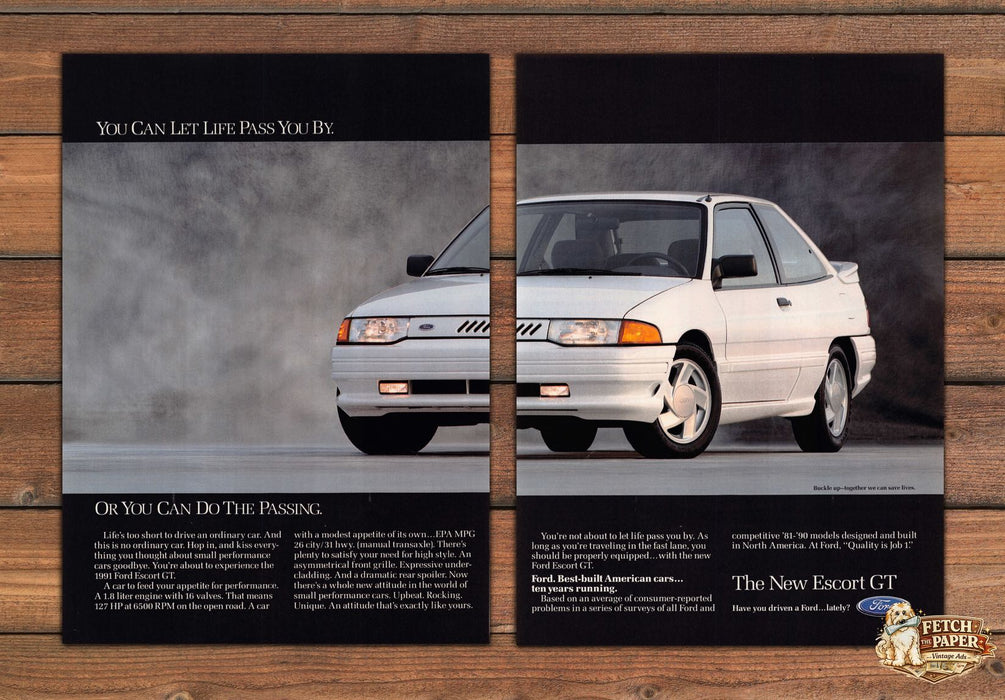 Ford Escort GT Let Life Pass You By White Coupe Print Ad 1991 1990s (2 pgs)