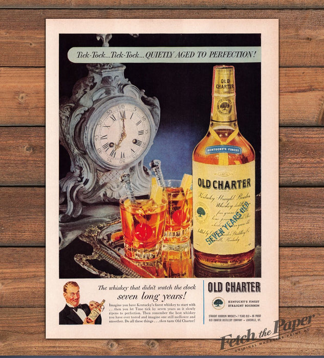 Old Charter Bourbon Tick-Tock Aged To Perfection Clock Print Ad 1959 1950s
