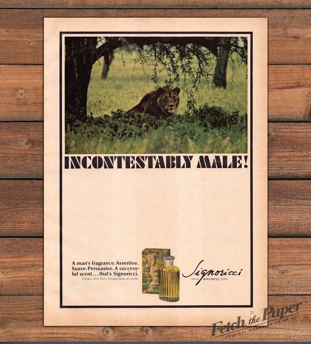 Signoricci Nina Ricci Men's Cologne Lion Incontestably Male Print Ad 1965 1960s