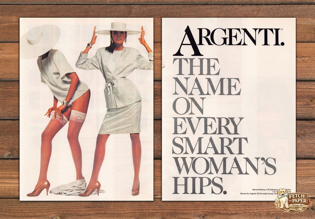 Argenti Smart Woman's Hips Legs Garter Silver Suit Print Ad 1988 1980s (2pgs)