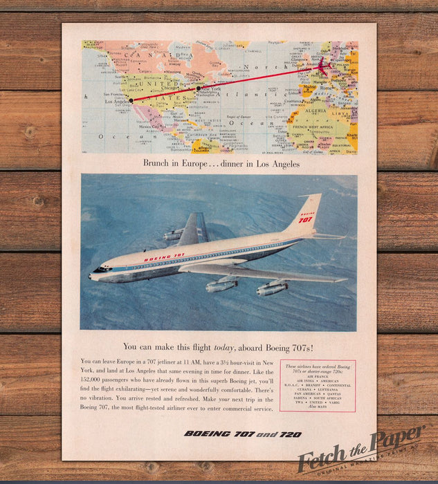 Boeing 707 Brunch In Europe Dinner In Los Angeles Map Print Ad 1959 1950s