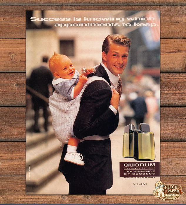 Quorum Cologne Essence of Success Businessman Carrying Baby Print Ad 1990 1990s