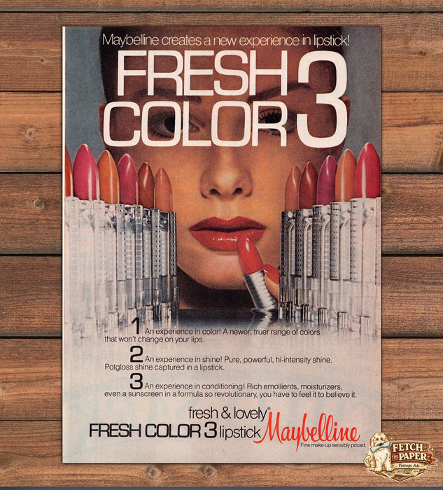 Maybelline Fresh Color 3 Lipstick Wall Close Up Lips Print Ad 1978 1970s