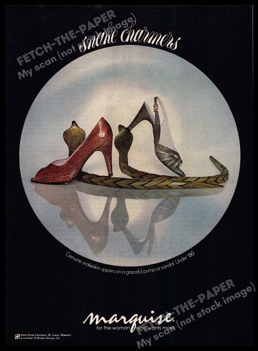 Marquise Snake Charmers Genuine Snakeskin Heels 1980s Magazine Print Ad 1981