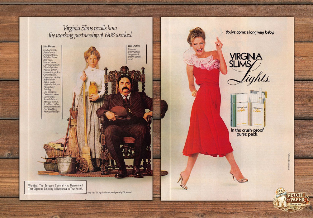 Virginia Slims Lights 1908 Her Duties His Duties 1980s Magazine Print Ad 1981