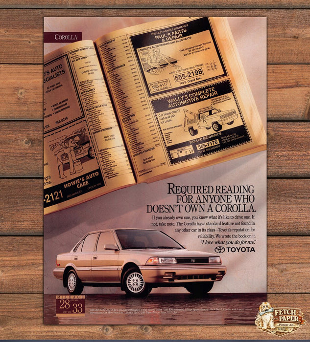 Toyota Corolla Required Reading Phone Book Gold Sedan Print Ad 1991 1990s