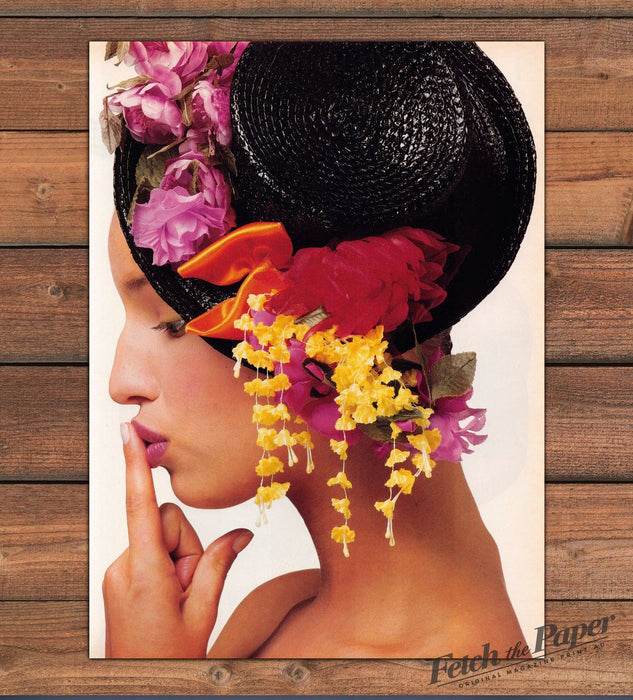 Black Shiny Straw Hat Silk Flowers Orange Bow Finger Magazine Photo 1988 1980s