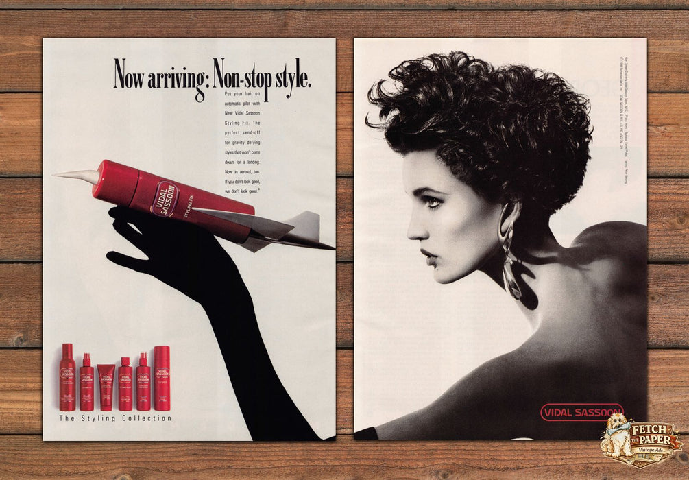Vidal Sassoon Non Stop Style Big Curly Hair Print Ad 1988 1980s (2pgs)