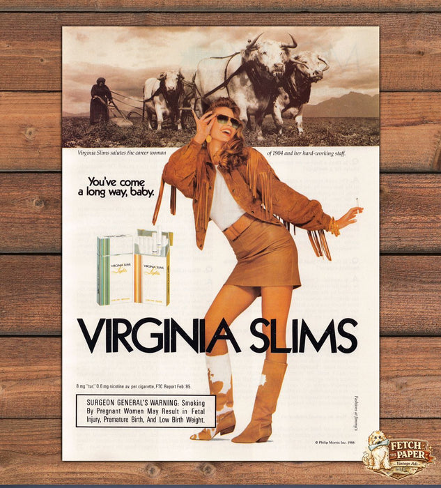 Virginia Slims You've Come a Long Way Baby Fringe Cowgirl Print Ad 1988 1980s