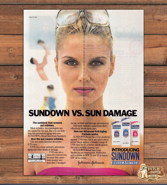 Sundown Broad Spectrum Sunblock Sun Damage Print Ad 1988 1980s