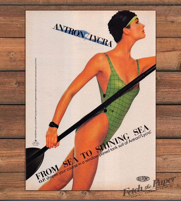 Antron Lycra O.P. Green Window-Paned Tank Suit Swim Cap Print Ad 1985 1980s