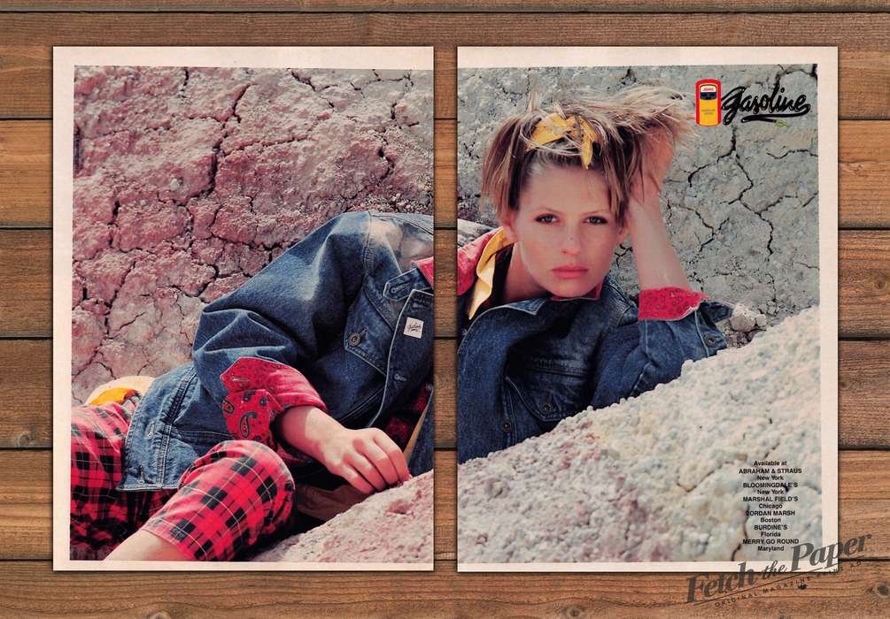 Gasoline Jeans Plaid Pants Denim Jacket Bandana Print Ad 1985 1980s (2pgs)