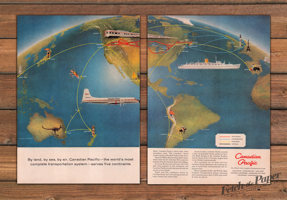 Canadian Pacific World Map Train Ship Airline Print Ad 1959 1950s (2pgs)