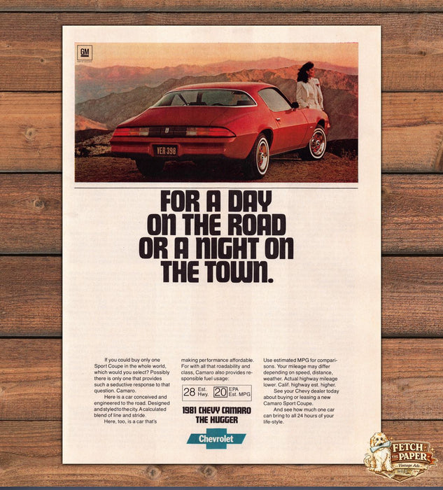 Chevrolet 1980s Camaro "The Hugger" Day Road Night Town Magazine Print Ad 1981