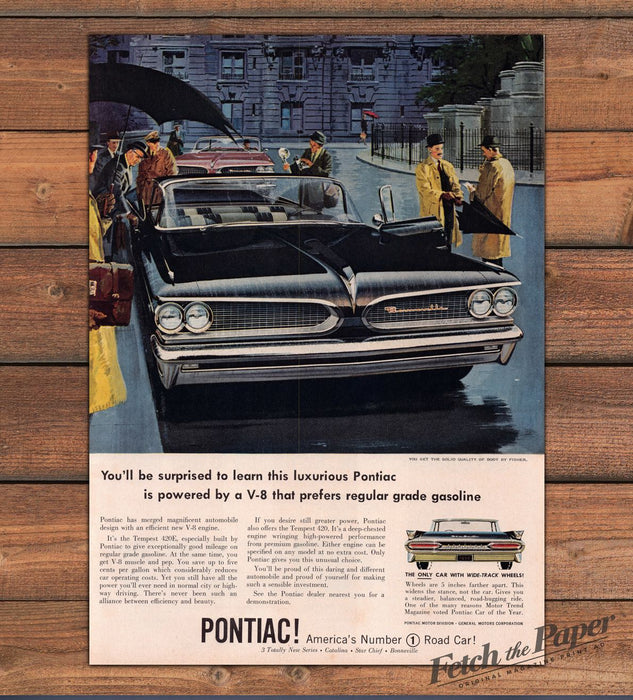 Pontiac Bonneville Black Car Rainy Street V-8 Regular Gas Print Ad 1959 1950s