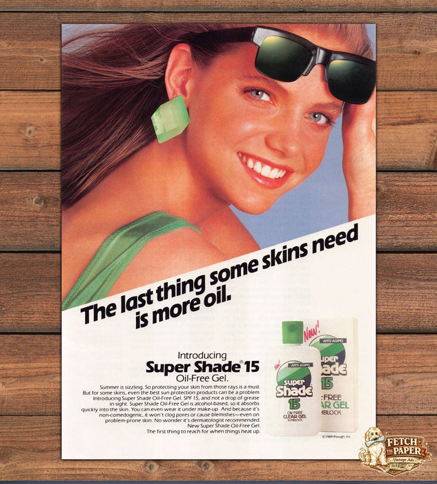 Super Shade 15 Oil-Free Gel Sunblock Sunglasses Smiling Print Ad 1989 1980s