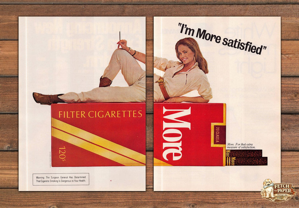 More Cigarettes "I'M More Satisfied" (2 Pages) 1980s Magazine Print Ad 1981