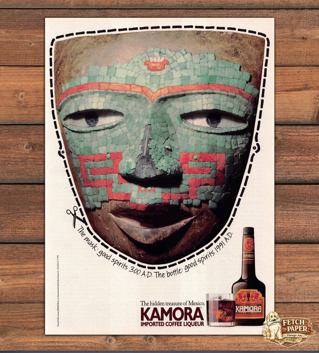 Kamora Coffee Liqueur Hidden Treasure Mexico Aztec Mask Print Ad 1991 1990s