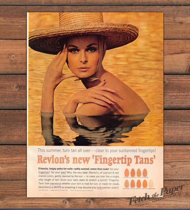 Revlon Fingertip Tans Nail Enamel Woman Straw Hat Water Print Ad 1964 1960s