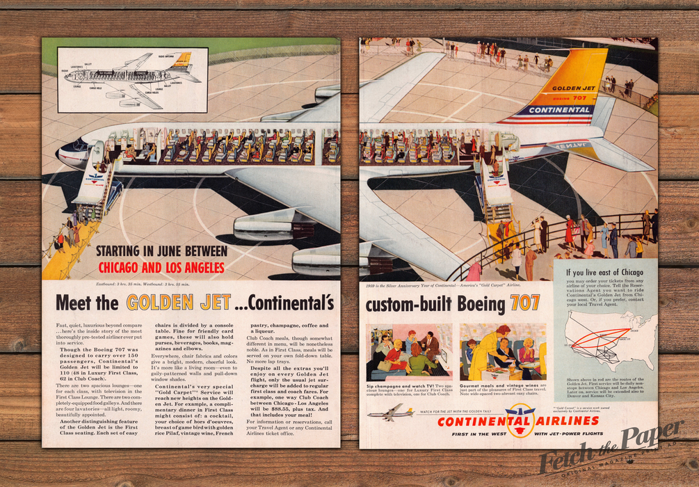 Continental Airlines Golden Jet Boeing 707 Cutaway Print Ad 1959 1950s (2pgs)