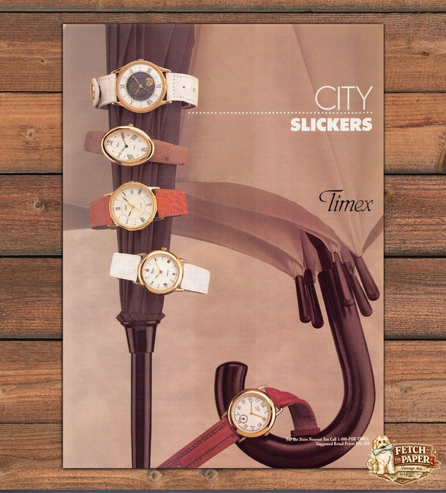 Timex City Slickers Gold Watches Umbrella Leather Straps Print Ad 1989 1980s