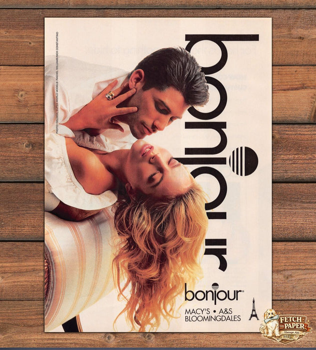 Bonjour Couple Embrace Striped Chair Windblown Hair Print Ad 1991 1990s