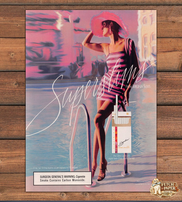 Virginia Slims Superslims Poolside Striped Dress Sexy Legs Print Ad 1991 1990s