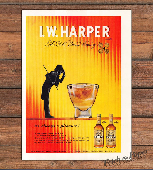 I.W. Harper Gold Medal Whiskey Always A Pleasure Silhouette Print Ad 1959 1950s