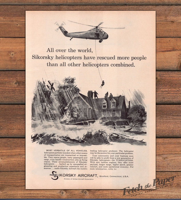 Sikorsky Helicopters Flood Rescue Illustration Print Ad 1959 1950s