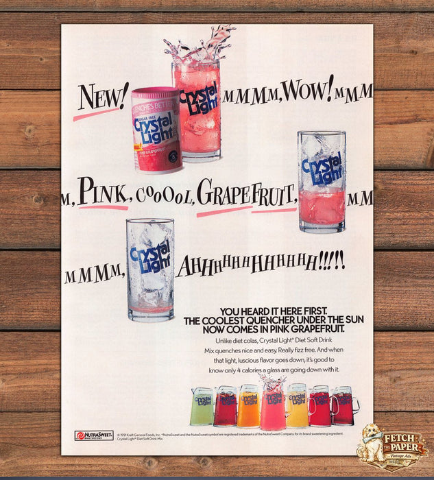 Crystal Light Pink Grapefruit Diet Drink Mix Splash Print Ad 1991 1990s