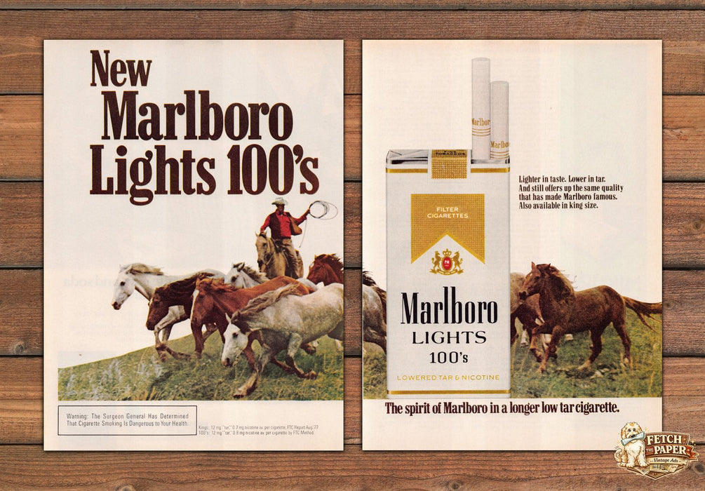 Marlboro Lights 100's Cowboy Wild Horses Roundup Print Ad 1978 1970s (2 pages)