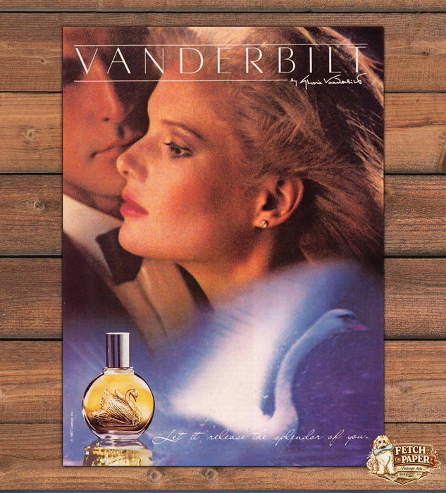 Vanderbilt Perfume Swan Bottle Romantic Couple Kiss Print Ad 1988 1980s