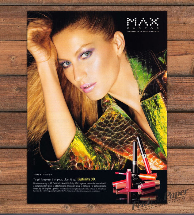 Max Factor Gisele Bundchen Lipfinity 3D Iridescent Coat Print Ad 2008 2000s