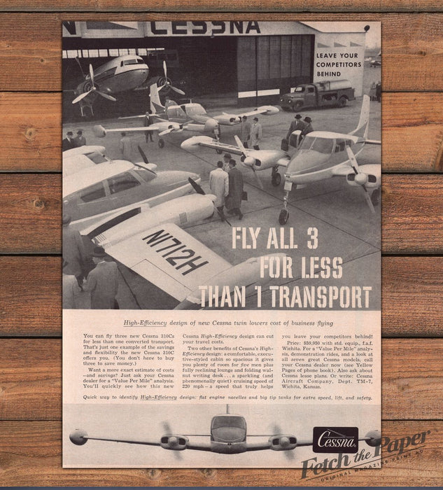 Cessna 310C Twin Fly All 3 For Less Than 1 Transport Hangar Print Ad 1959 1950s