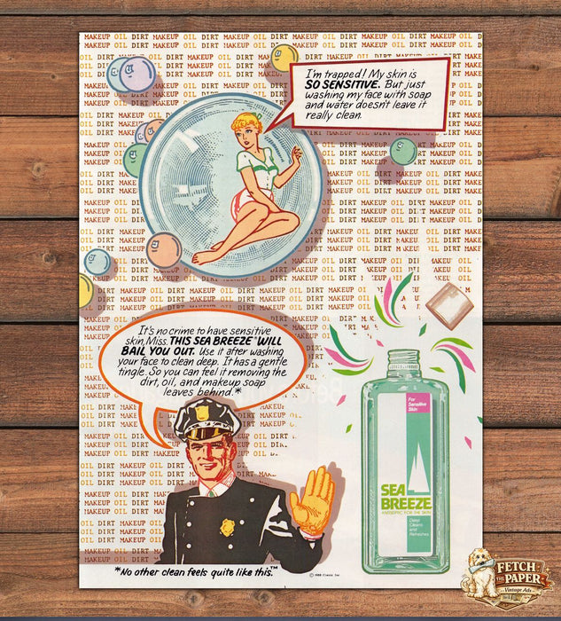 Sea Breeze Policeman Sensitive Skin Comic Print Ad 1988 1980s