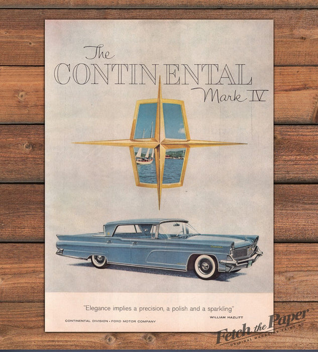 Lincoln Continental Mark IV Blue Car Gold Star Sailboat Print Ad 1959 1950s