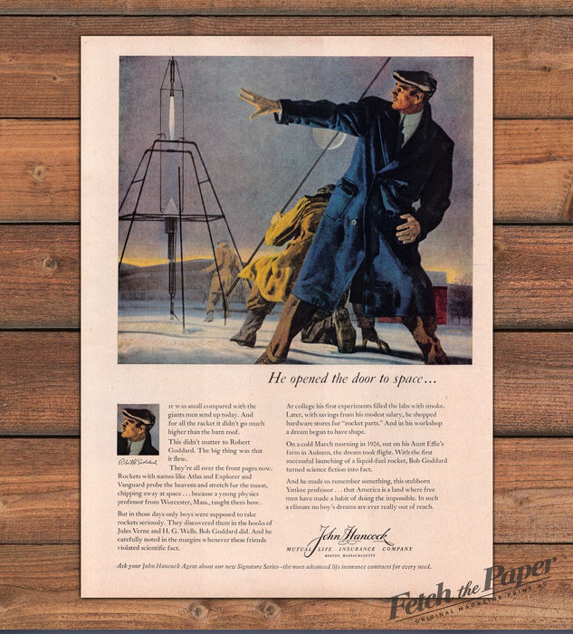 John Hancock Life Insurance Robert Goddard Rocket Space Door Print Ad 1959 1950s