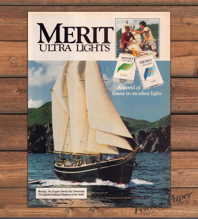 Merit Ultra Lights Cigarettes Schooner Sailing Ship Island Print Ad 1985 1980s