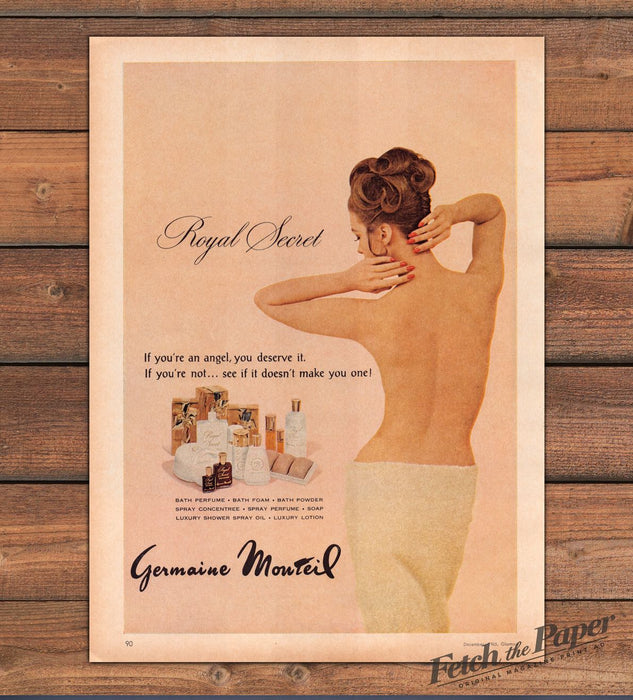 Germaine Monteil Royal Secret Bath Perfume Bare Back Towel Print Ad 1965 1960s