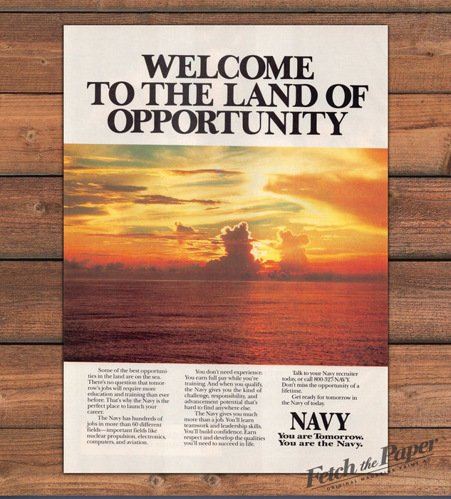 U.S. Navy Welcome To The Land Of Opportunity Ocean Sunset Print Ad 1988 1980s