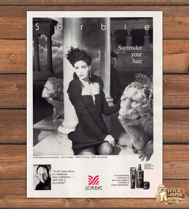 Sorbie Surrender Your Hair Greek Columns Lion Statues Print Ad 1988 1980s