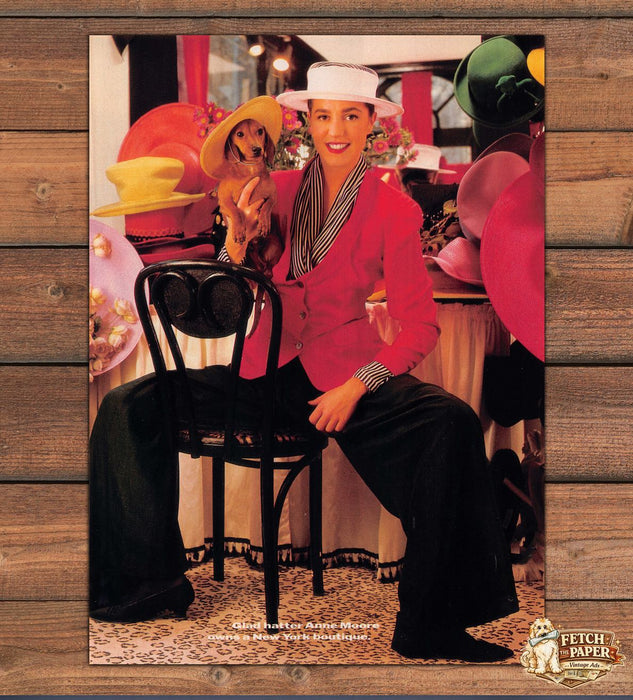 Anne Moore Hat Boutique Dachshund Puppy Straw Hat Blazer Print Ad 1989 1980s