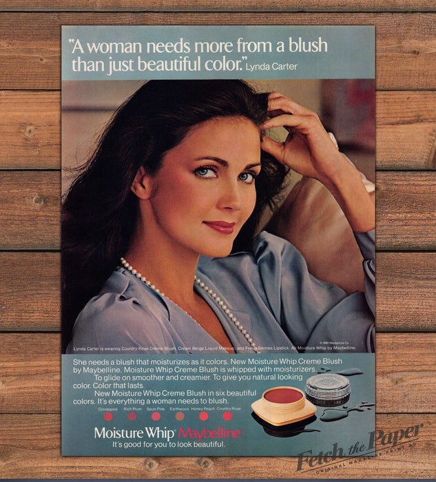 Maybelline Moisture Whip Blush Lynda Carter Portrait Print Ad 1980 1980s