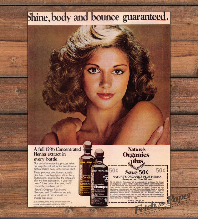 Nature's Organics Plus Henna Shampoo Curly Brunette Hair Print Ad 1980 1980s