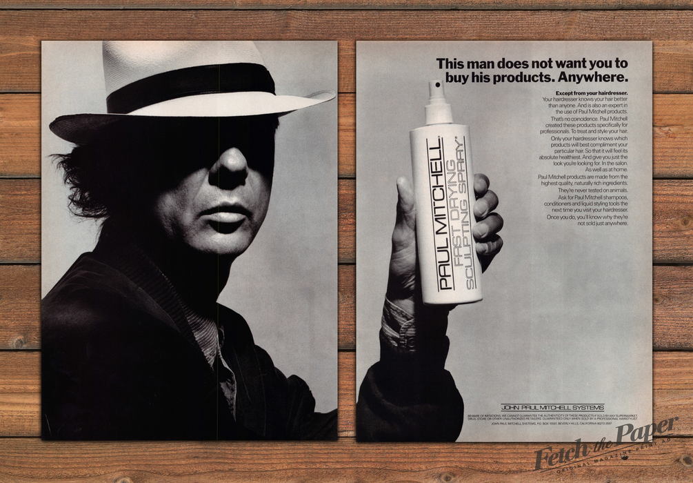 Paul Mitchell Sculpting Spray Fedora Man Print Ad 1988 1980s (2pgs)