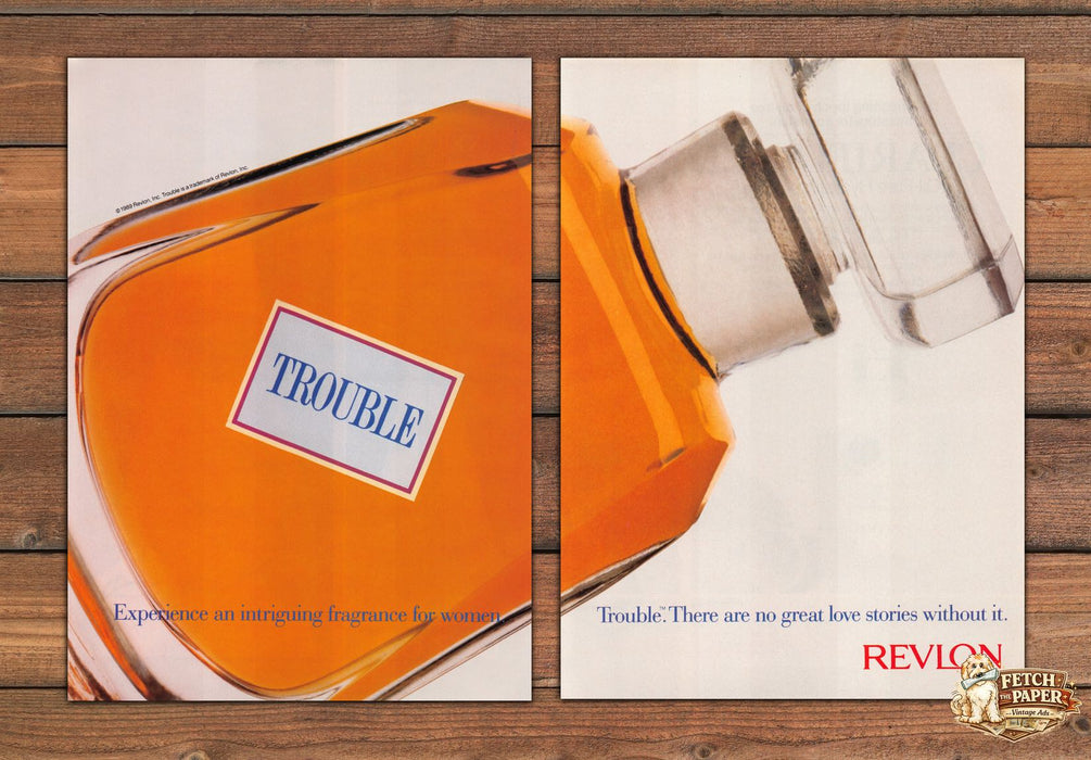 Revlon Trouble Perfume Orange Bottle No Great Love Print Ad 1989 1980s (2 pgs)